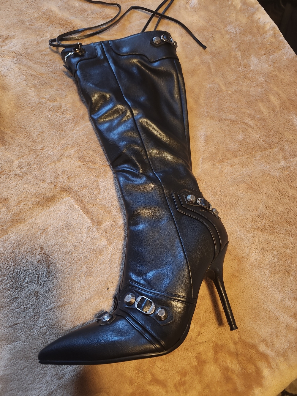 Black High-Heel Pointed-Toe Knee Boots Stiletto NEW IN BOX - Picture 2 of 5